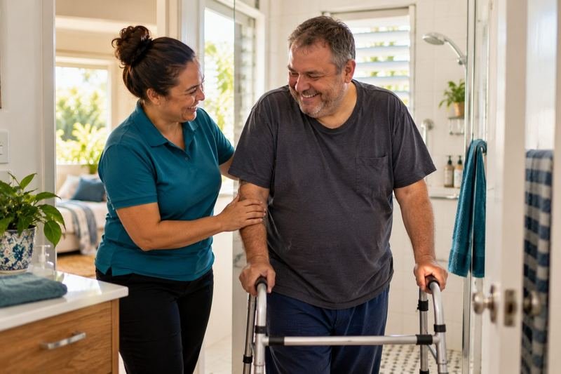 A support worker assisting a participant with their morning routine at home