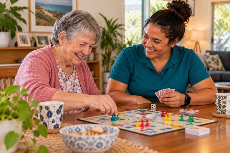 Two people playing a board game together at home