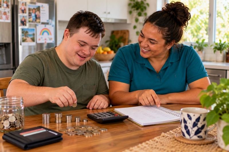 A participant practising budgeting with a support worker at a kitchen table