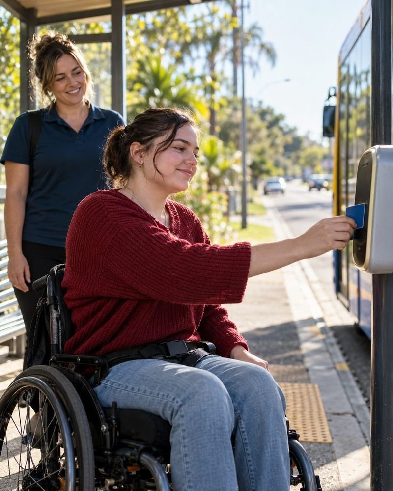 A participant confidently tapping on at a bus stop