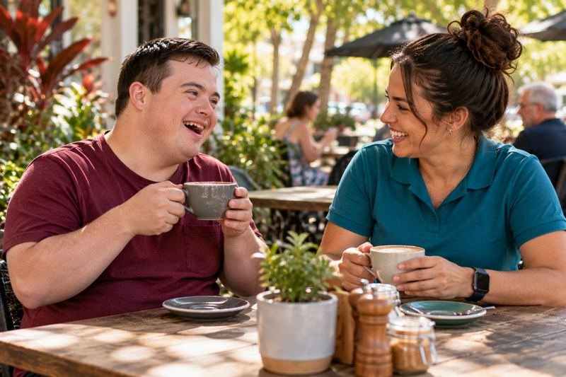 A support worker and participant enjoying coffee at a local café