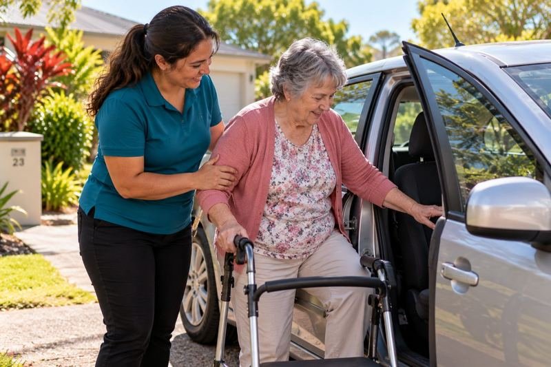 A support worker helping a participant into a car for an appointment