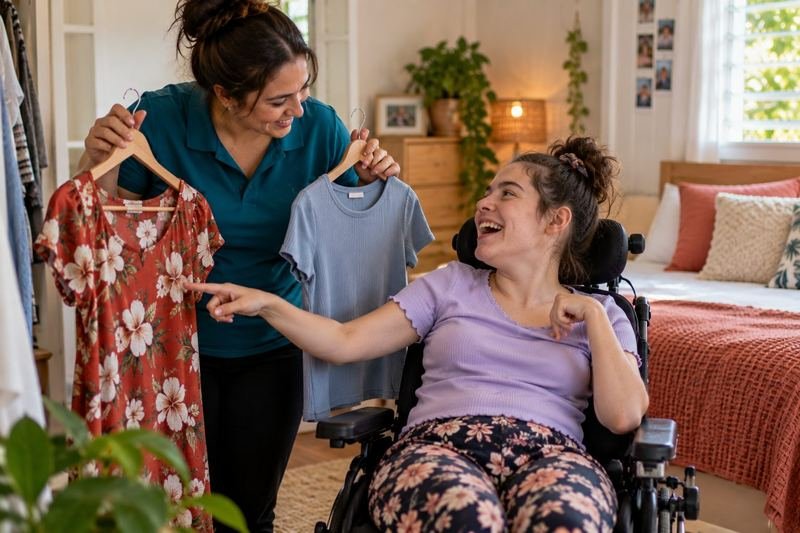 A participant choosing their outfit for the day with gentle support