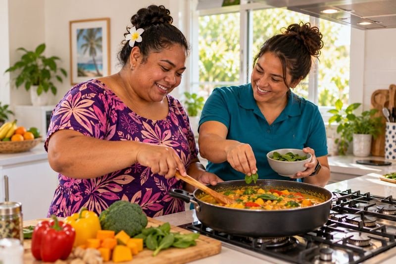 A support worker and participant cooking a colourful meal together
