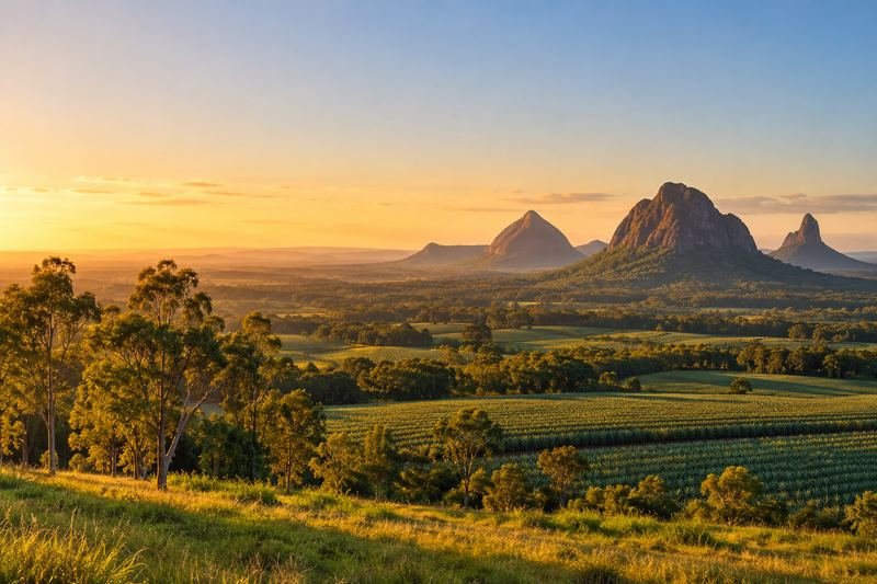 The Glass House Mountains at golden hour, viewed across farmland on the northern edge of our service area