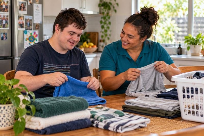 A support worker and participant folding laundry together