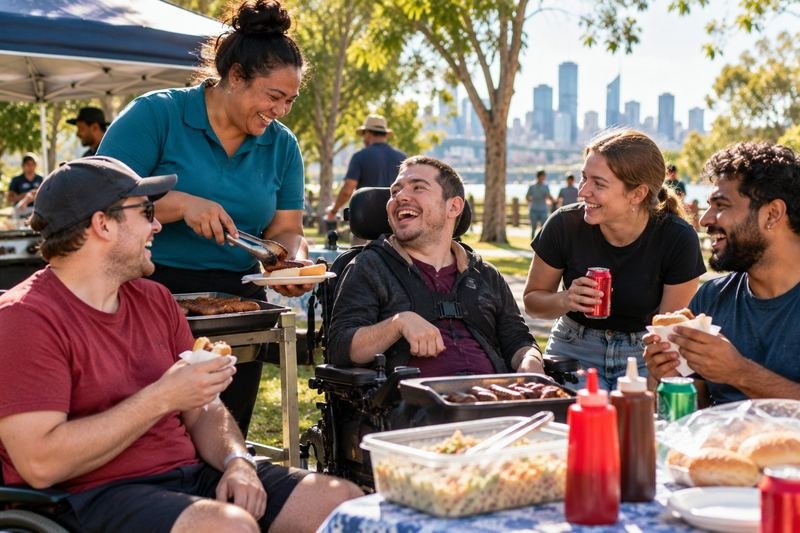Friends laughing together at a community event in a sunny park