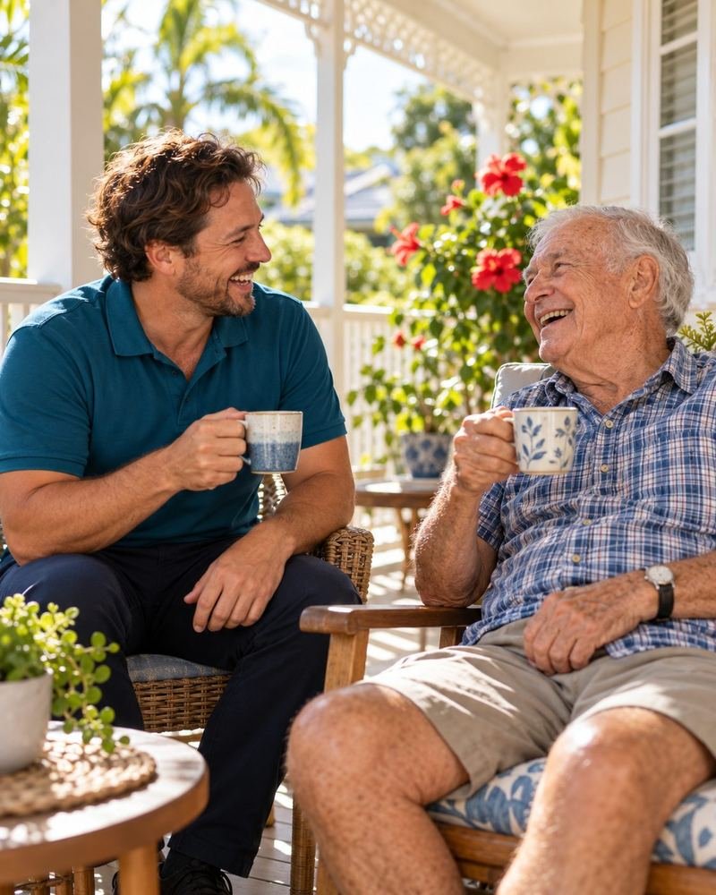 A support worker and participant sharing a laugh on a front porch