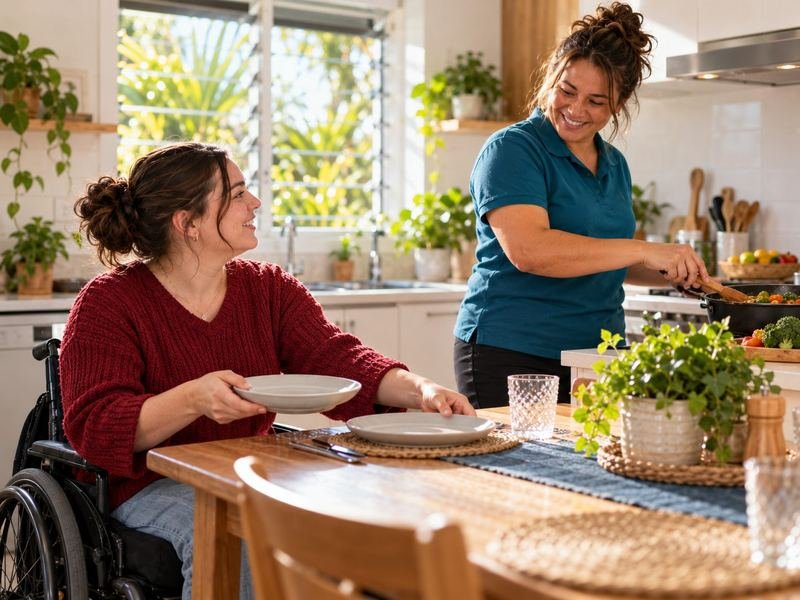 A bright, welcoming shared home with a support worker in the kitchen