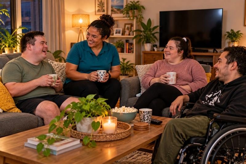 Housemates and a support worker relaxing together in the living room